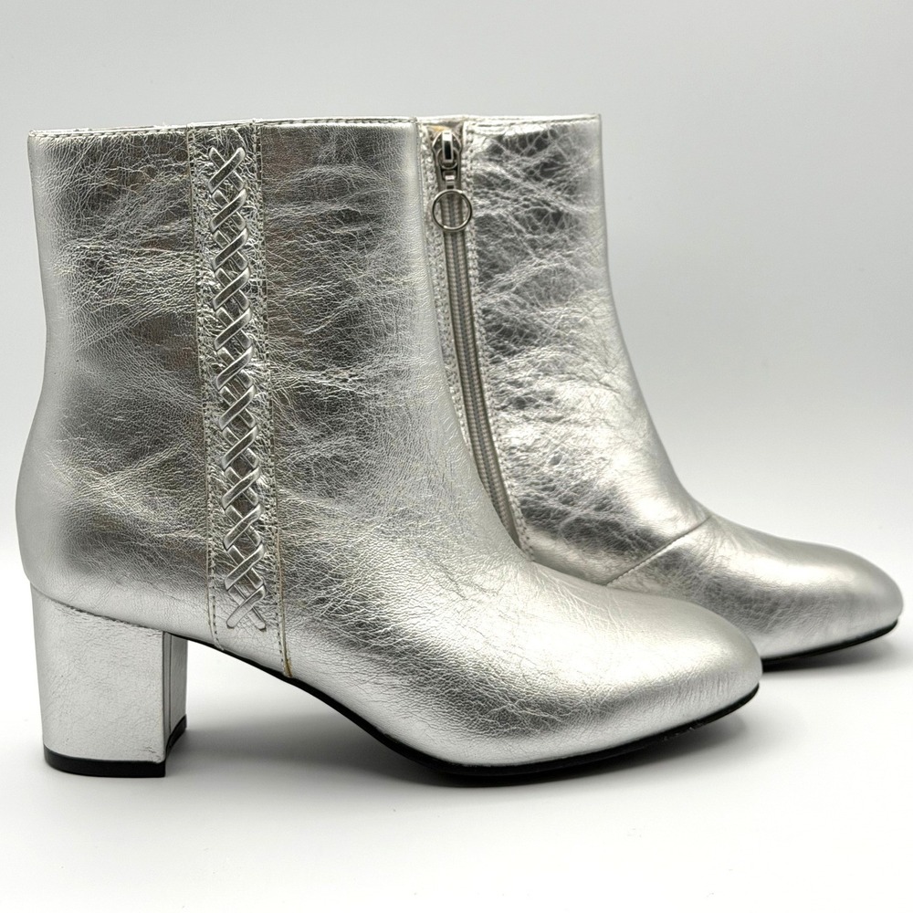 Earth‎ Sparta Silver Leather Ankle Boots Womens 7.5 B Y2K Metallic Block Disco